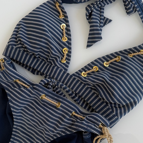 Jessica Simpson Navy Striped Bikini with Gold Accents - Picture 5 of 5